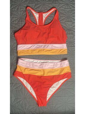 Nani Swimwear Sherbet Colorblock 2 Piece Swimsuit Cut Back Crop Top Tankini Set
